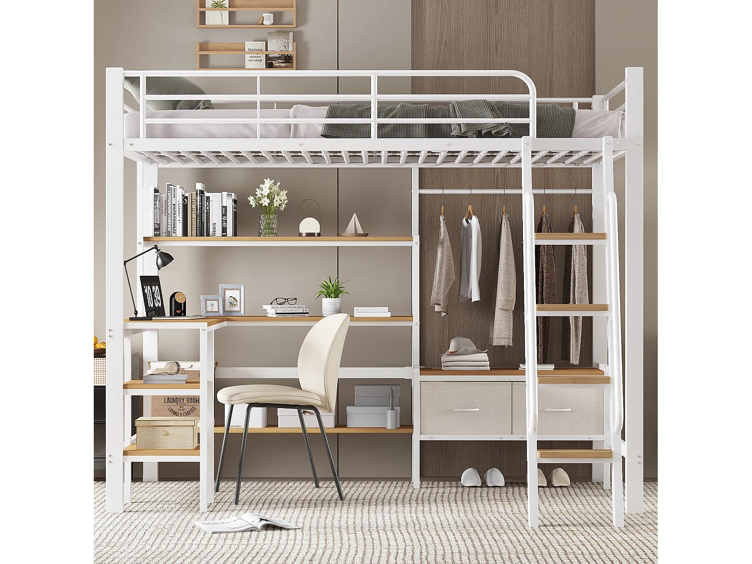 Hoogslaper van ijzer - 90 x 200 cm - met 2 stoffen lades + bureau + opbergplank - ijzer + MDF - wit + naturel
