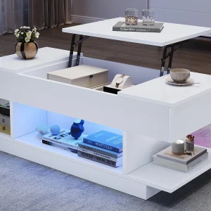 In hoogte verstelbare salontafel 98x45x40 cm – met LED – 2 opklapbare planken – halfopen opbergruimte – hoge glans afwerking – Wit In hoogte verstelbare salontafel 98x45x40 cm – met LED – 2 opklapbare planken – halfopen opbergruimte – hoge glans afwerking – Wit