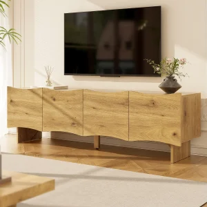 Houten tv-kast – tv-kast met vier deuren en houten poten – golvende deuren Houten tv-kast – tv-kast met vier deuren en houten poten – golvende deuren