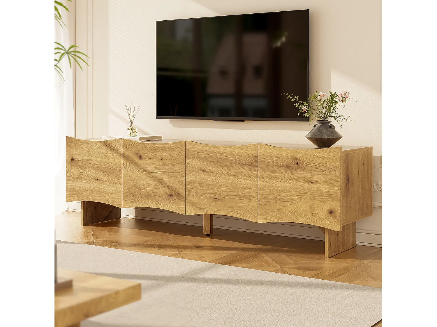 Houten tv-kast - tv-kast met vier deuren en houten poten - golvende deuren
