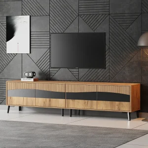 Houten en zwarte tv-standaard – tv-kast met 4 deuren en 8 poten – geschikt voor tv's tot 75 inch