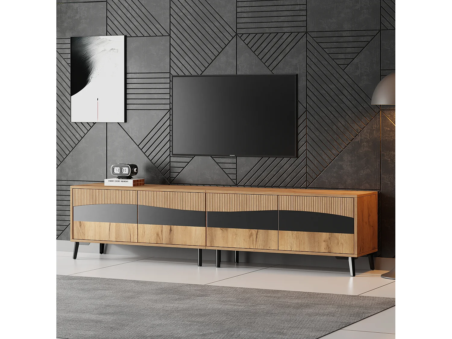 Houten en zwarte tv-standaard - tv-kast met 4 deuren en 8 poten - geschikt voor tv's tot 75 inch