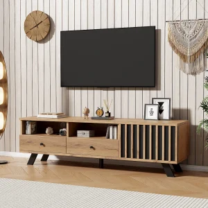 Houten tv-meubel – tv-meubel met 2 lades en 1 deur – open opbergruimte Houten tv-meubel – tv-meubel met 2 lades en 1 deur – open opbergruimte
