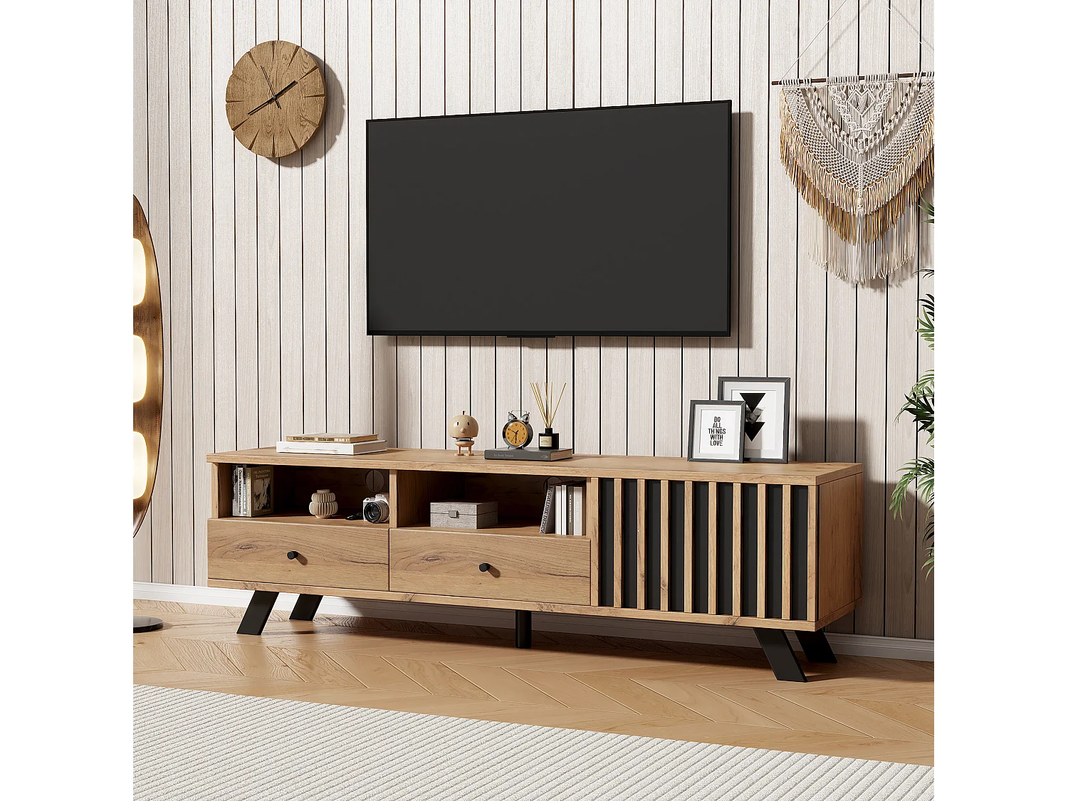 Houten tv-meubel - tv-meubel met 2 lades en 1 deur - open opbergruimte