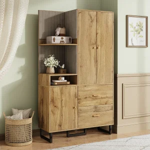 Houten kapstok – 2 laden en 3 deuren kast – open opbergruimte Houten kapstok – 2 laden en 3 deuren kast – open opbergruimte