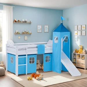 Hoogslaper voor kinderen 90×200 cm Wit Blauw met Gordijn Hoogslaper voor kinderen 90×200 cm Wit Blauw met Gordijn