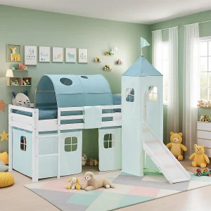 Hoogslaper voor kinderen 90×200 cm wit met mintgroen gordijn Hoogslaper voor kinderen 90×200 cm wit met mintgroen gordijn