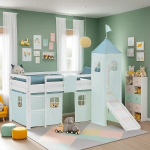 Hoogslaper voor kinderen 90×200 cm Wit Groen met Gordijn Glijbaan Toren Lattenbodem en Matras Hoogslaper voor kinderen 90×200 cm Wit Groen met Gordijn Glijbaan Toren Lattenbodem en Matras