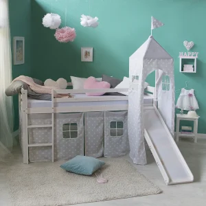 Hoogslaper 90×200 cm Wit grijs Latten Toren Stapelbed Hoogslaper 90×200 cm Wit grijs Latten Toren Stapelbed