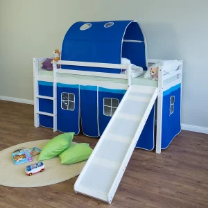 Hoogslaper 90×200 cm Blauw kinderbed ladder glijbaan tunnel massief dennenhout