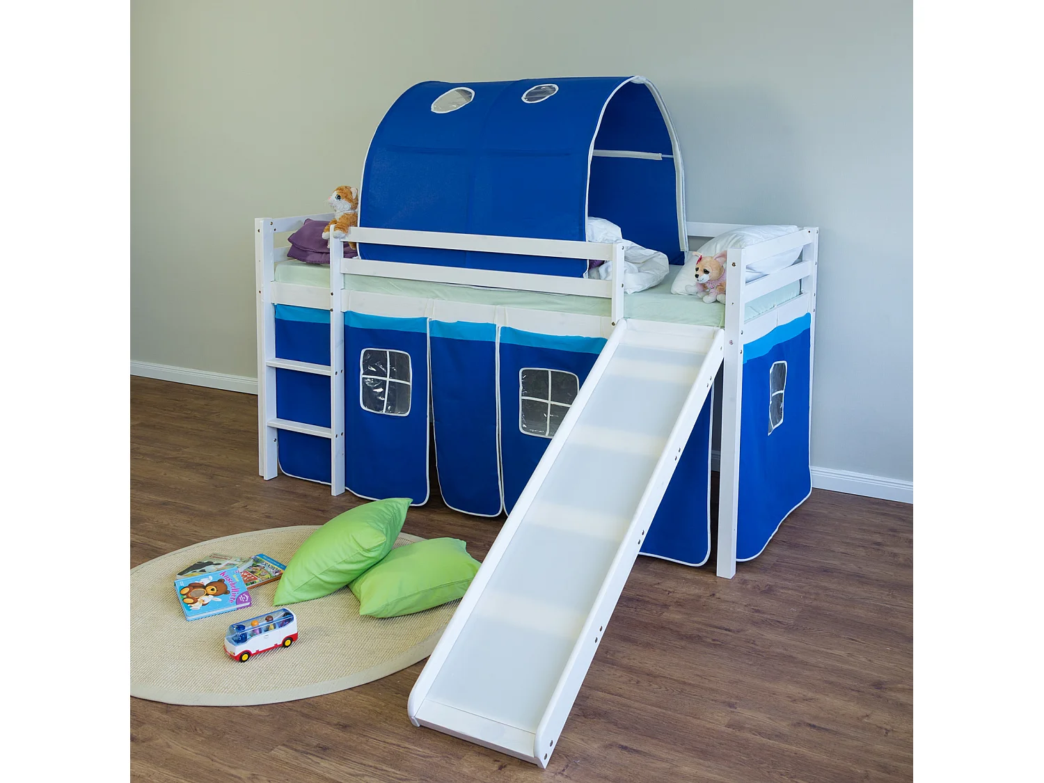 Hoogslaper 90x200 cm Blauw kinderbed ladder glijbaan tunnel massief dennenhout