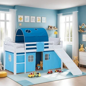 Hoogslaper voor kinderen 90×200 cm Wit Blauw Hoogslaper voor kinderen 90×200 cm Wit Blauw