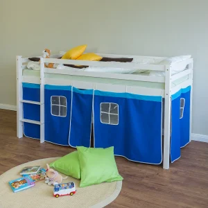 Hoogslaper 207x97x110 cm Blauw kinderbed ladder massief grenen gordijn Hoogslaper 207x97x110 cm Blauw kinderbed ladder massief grenen gordijn