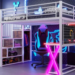 Hoogslaper 140x200cm met LED – bureau + kledingkast + opbergladder – Wit Hoogslaper 140x200cm met LED – bureau + kledingkast + opbergladder – Wit