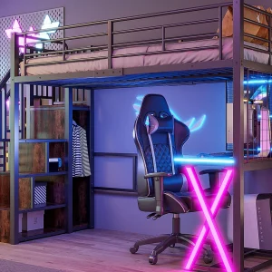 Hoogslaper 90x200cm met LED – bureau + kledingkast + opbergladder – Zwart