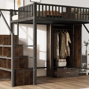 Hoge bed van metaal 140×200 cm – met garderobe – 1 lade – met opbergladder – zwart (matras niet inbegrepen) Hoge bed van metaal 140×200 cm – met garderobe – 1 lade – met opbergladder – zwart (matras niet inbegrepen)