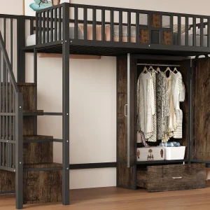 Hoge bed van metaal 90×200 cm – met garderobe – 1 lade – met opbergladder – zwart (matras niet inbegrepen) Hoge bed van metaal 90×200 cm – met garderobe – 1 lade – met opbergladder – zwart (matras niet inbegrepen)