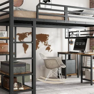 Hoge bed 120×200 cm – met bureau en opbergplank – met veiligheidsladder van 4 treden – Metaal + spaanplaten – Zwart (zonder matras)