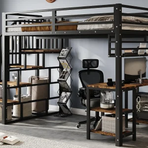 Hoge bed 120×200 cm – met bureau en opbergplank – trap met leuningen – Metaal + spaanplaten – Zwart