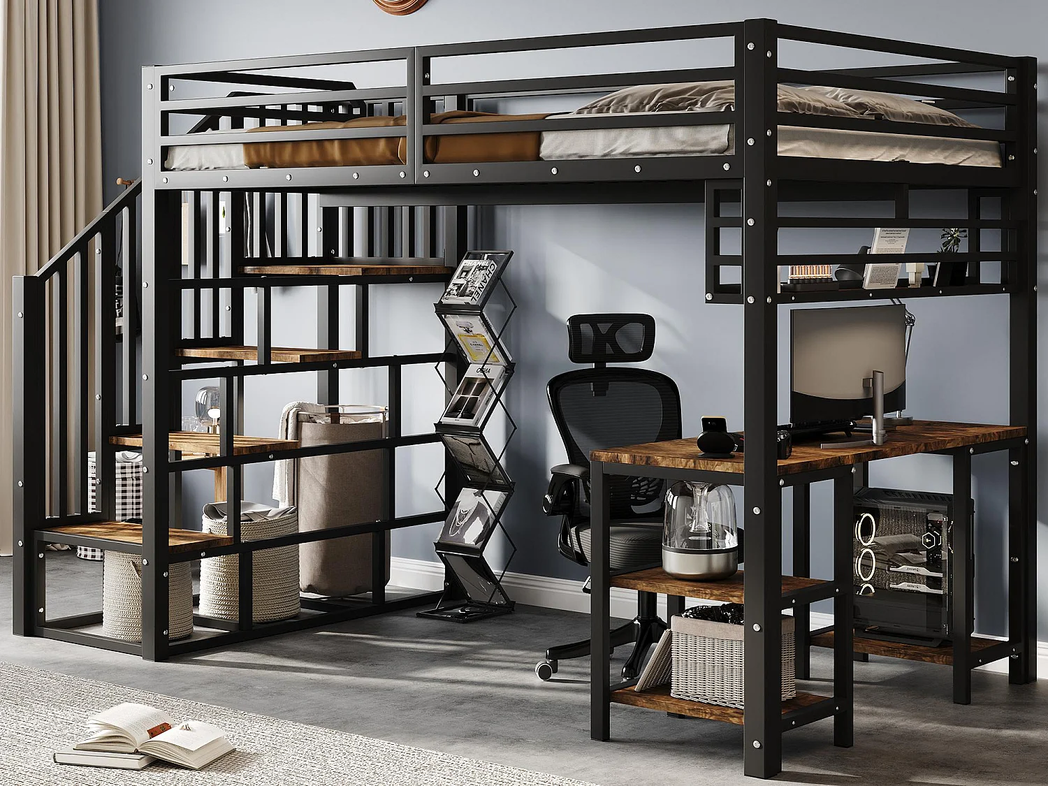 Hoge bed 120x200 cm - met bureau en opbergplank - trap met leuningen - Metaal + spaanplaten - Zwart