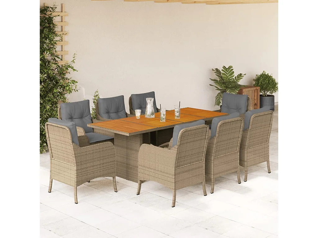 Karlyn 9-delige Tuinset met kussens poly rattan beige