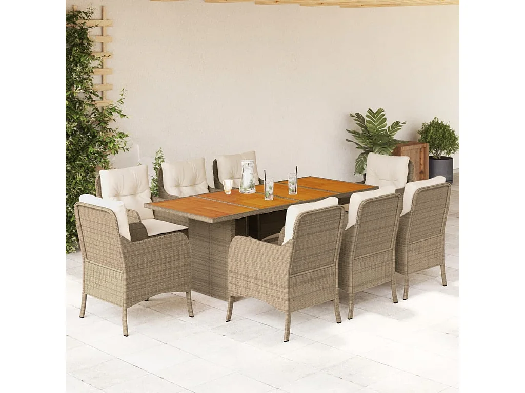 Karlyn 9-delige Tuinset met kussens poly rattan beige