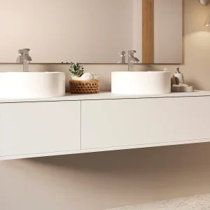 Hangend badkamermeubel dubbele ronde wastafel, witte kleur, B150 x H32 cm, ISAURE