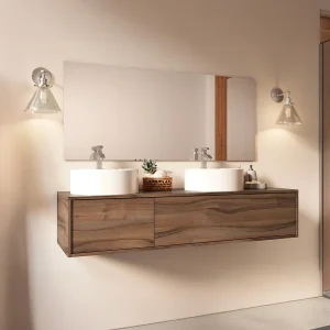 Hangend badkamermeubel met dubbele ronde wastafel, donker naturel, B150 x H32 cm, ISAURE
