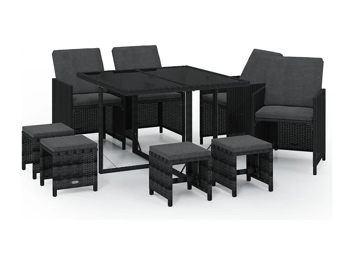 Hugo 9-delige Tuinset met kussens poly rattan zwart
