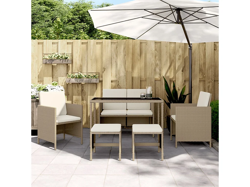 Kaleva 6-delige Tuinset met kussens poly rattan beige