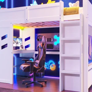 Hoge bed 90×200 cm – met bureau – met LED-verlichting – met 1 USB-poort – met ladder + lade + wasrek – Wit Hoge bed 90×200 cm – met bureau – met LED-verlichting – met 1 USB-poort – met ladder + lade + wasrek – Wit
