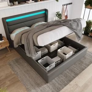 Hydraulisch opbergbed met LED-verlichting, tweepersoonsbed 140×200 cm, grijs, met afstandsbediening Hydraulisch opbergbed met LED-verlichting, tweepersoonsbed 140×200 cm, grijs, met afstandsbediening