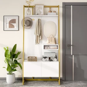 Kapstok met schoenenkast met 2 deuren, metalen haken en spiegel – wit en goud Kapstok met schoenenkast met 2 deuren, metalen haken en spiegel – wit en goud
