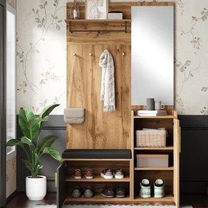 Inkomhal garderobeset 100x38x185 cm – met spiegel en kapstokken – met schoenenkast en schoenenbank – Natuur + zwart Inkomhal garderobeset 100x38x185 cm – met spiegel en kapstokken – met schoenenkast en schoenenbank – Natuur + zwart