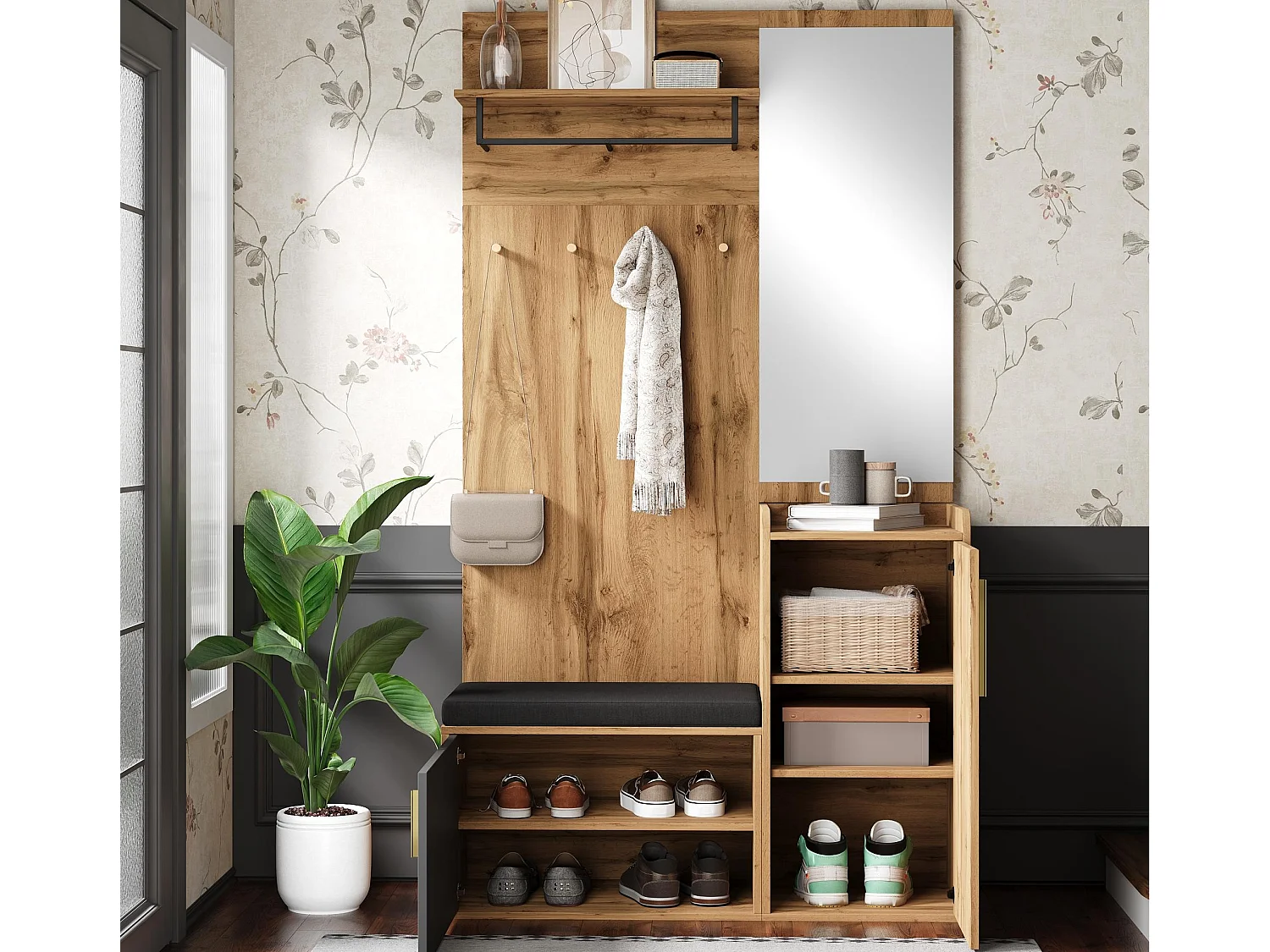 Inkomhal garderobeset 100x38x185 cm - met spiegel en kapstokken - met schoenenkast en schoenenbank - Natuur + zwart