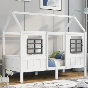 Kajuitbed 90×200 cm in grenen en wit MDF – Kinderbed met 2 ramen, kan gebruikt worden als dagbed