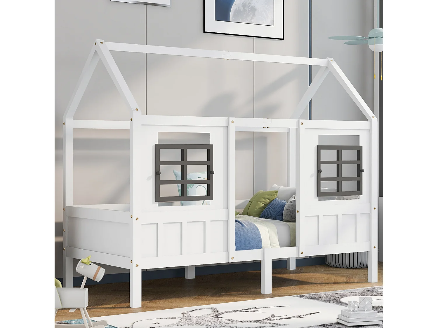 Kajuitbed 90x200 cm in grenen en wit MDF – Kinderbed met 2 ramen, kan gebruikt worden als dagbed