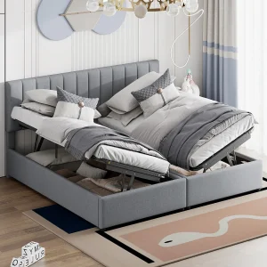 Hydraulisch opbergbed 180×200 cm in grijs linnen – Multifunctioneel tweepersoonsbed, zeer comfortabele stof
