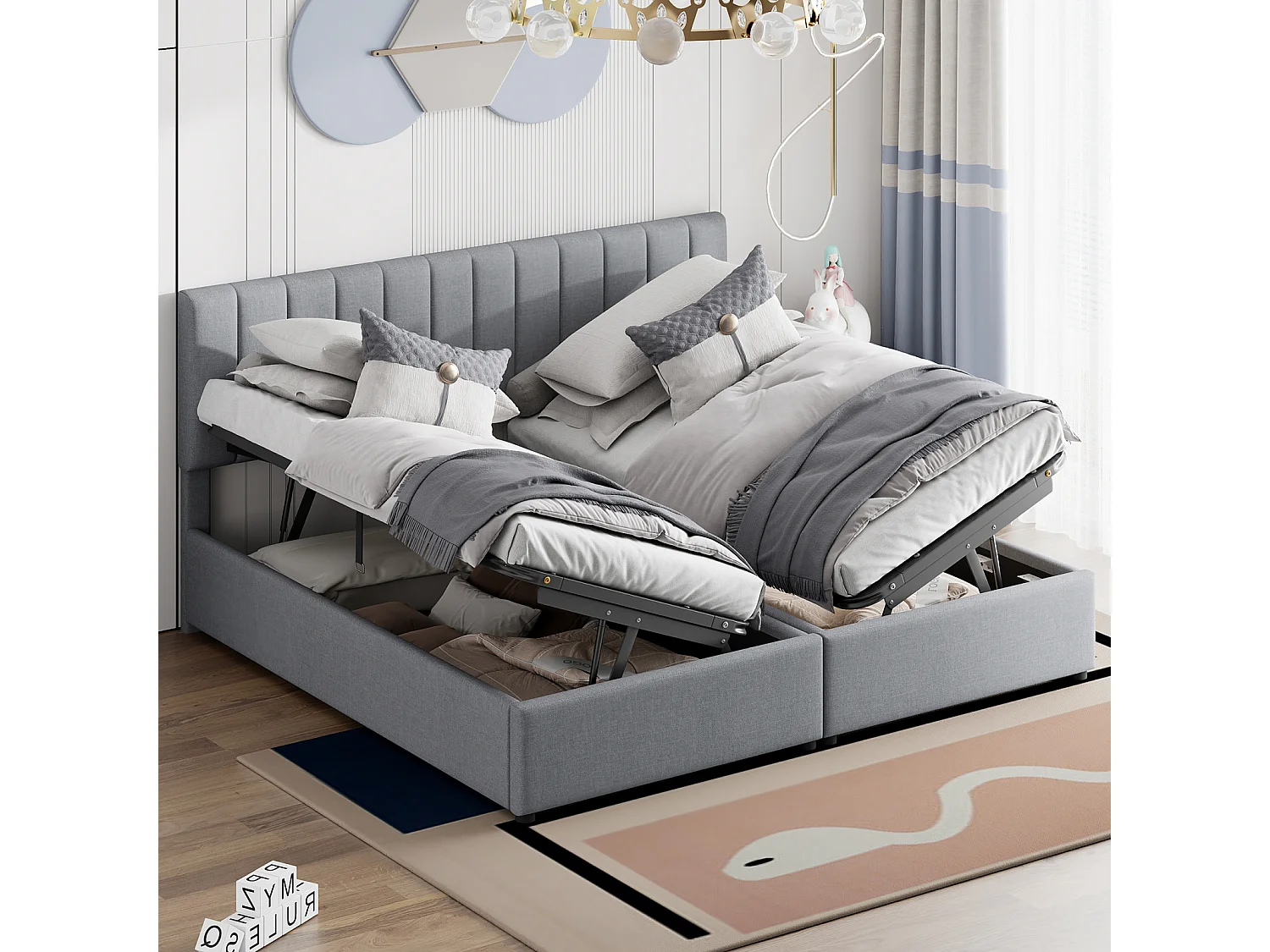 Hydraulisch opbergbed 180x200 cm in grijs linnen – Multifunctioneel tweepersoonsbed, zeer comfortabele stof