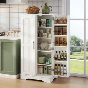 Hoge keukenkast – 60 x 40 x 120 cm – met LED's + 2 deuren met verstelbare planken en deurplanken – MDF – wit Hoge keukenkast – 60 x 40 x 120 cm – met LED's + 2 deuren met verstelbare planken en deurplanken – MDF – wit