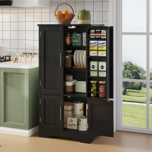 Hoge keukenkast – 60 x 40 x 120 cm – met LED's + 4 deuren met verstelbare planken en deurplanken – MDF – zwart