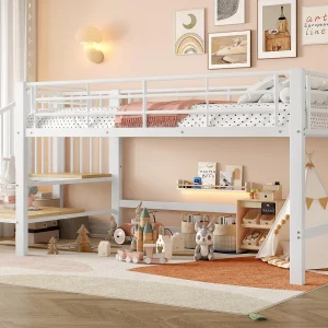Hoogbed 90×200 cm – met trap – met veiligheidshekken – Metaal + MDF – Wit (matras niet inbegrepen) Hoogbed 90×200 cm – met trap – met veiligheidshekken – Metaal + MDF – Wit (matras niet inbegrepen)
