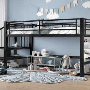 Hoogbed 90×200 cm – met trap – met veiligheidshekken – Metaal + MDF – Zwart (matras niet inbegrepen) Hoogbed 90×200 cm – met trap – met veiligheidshekken – Metaal + MDF – Zwart (matras niet inbegrepen)