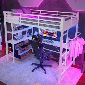 Hoogslaper 90×200 cm van wit metaal, met LED, bureau, 3 lades, planken, USB-poort, leuning en geïntegreerde trap