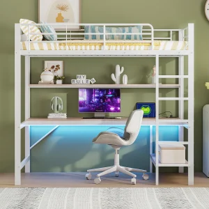Hoogslaper 90×200 cm van wit metaal, met LED, bureau, planken, USB-poorten en stopcontact, zonder matras