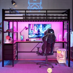 Hoogslaper 90×200 cm van zwart metaal, met LED, bureau, 3 lades, planken, USB-poort, leuning en geïntegreerde trap
