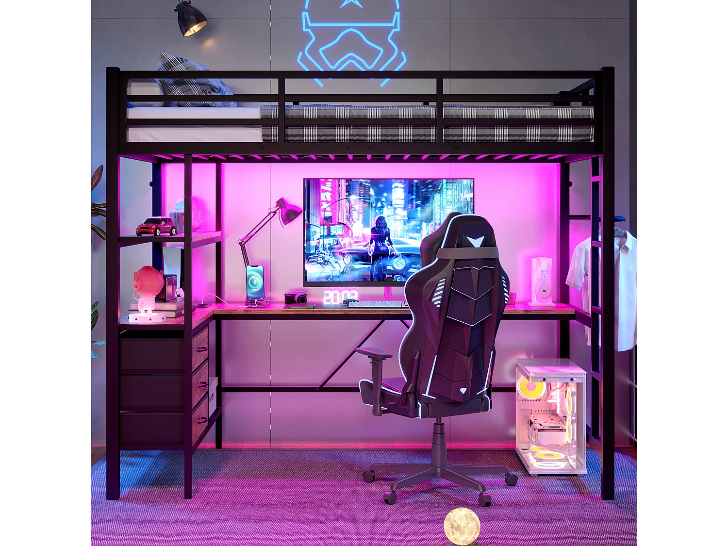 Hoogslaper 90x200 cm van zwart metaal, met LED, bureau, 3 lades, planken, USB-poort, leuning en geïntegreerde trap