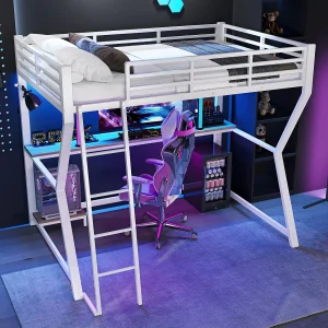 Hoogslaper 90×200 cm van wit metaal, met LED, bureau, plank voor console, stopcontact en USB-poorten, leuning en trap
