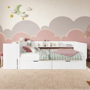 Houten bed 90×200 cm met bureau, 2 lades en planken, frame van grenenhout en panelen, zonder matras, wit Houten bed 90×200 cm met bureau, 2 lades en planken, frame van grenenhout en panelen, zonder matras, wit