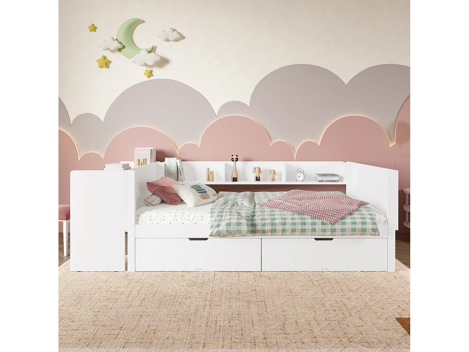 Houten bed 90x200 cm met bureau, 2 lades en planken, frame van grenenhout en panelen, zonder matras, wit